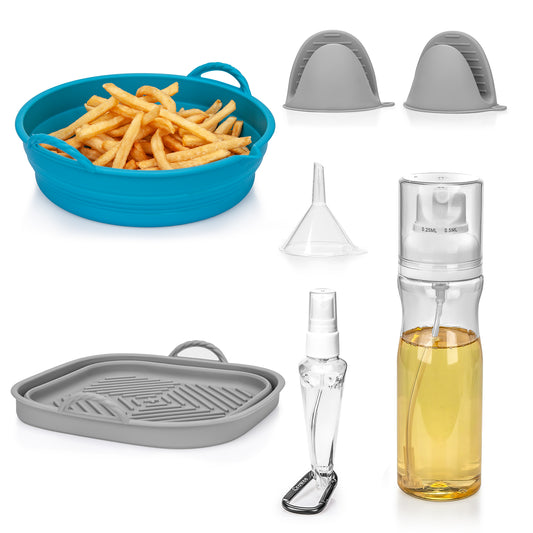 Crowee 7 PCS Silicone Air Fryer Liner and Accessories Set for Easy and Healthy Cooking - Includes 7.5" & 8.5" Reusable Air Fryer Baskets, Oil Sprayer, and Silicone Gloves - Perfect for Any Air Fryer!